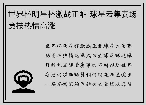 世界杯明星杯激战正酣 球星云集赛场竞技热情高涨