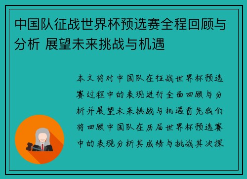 中国队征战世界杯预选赛全程回顾与分析 展望未来挑战与机遇
